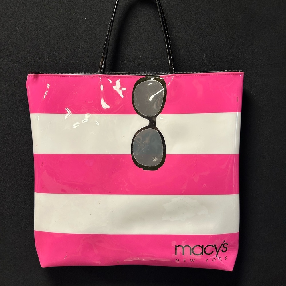 Macy's Vintage Pink and White Striped Vinyl Tote Bag